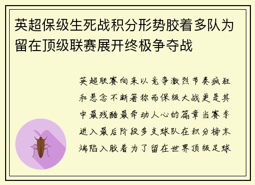 英超保级生死战积分形势胶着多队为留在顶级联赛展开终极争夺战